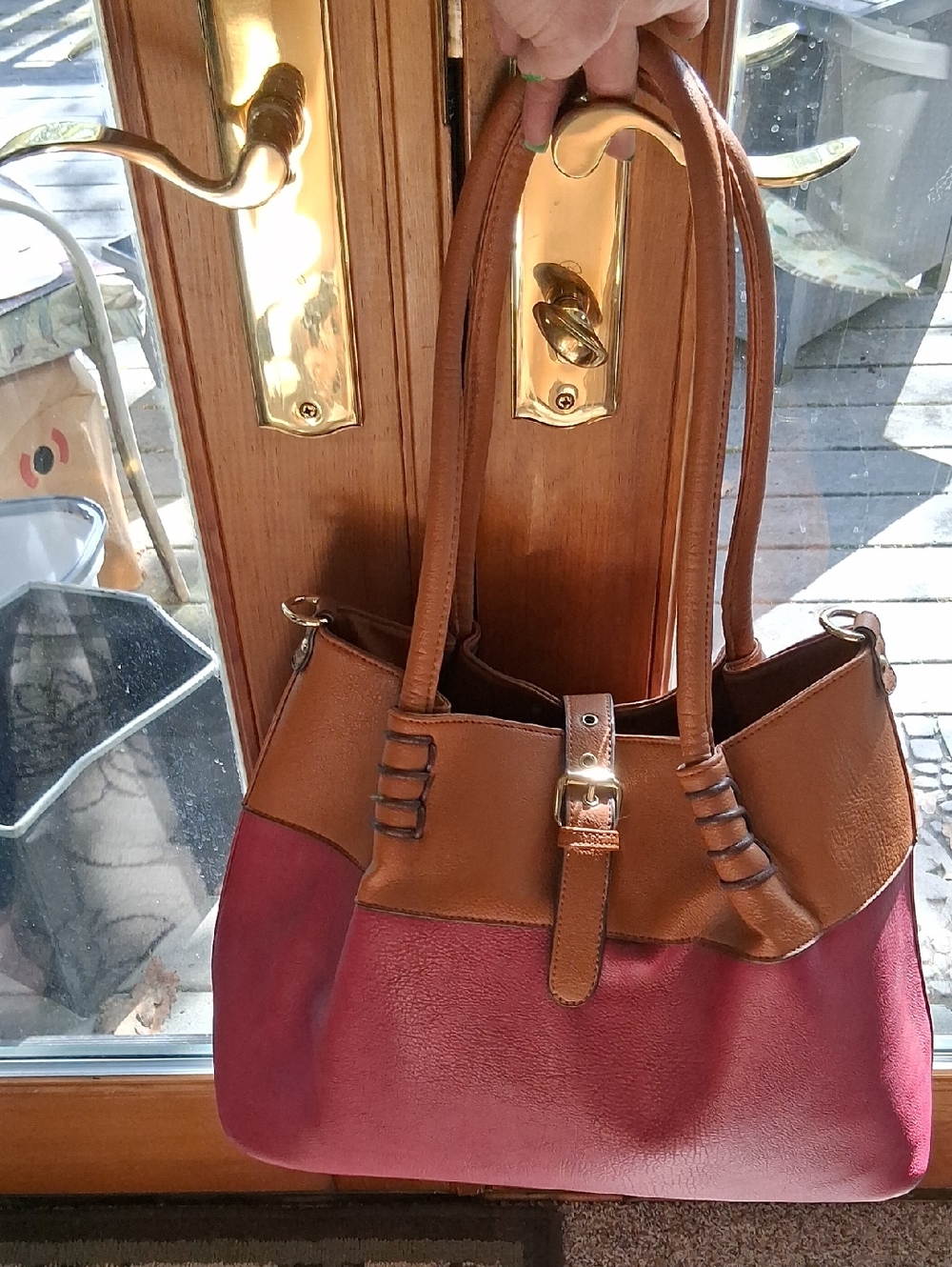 Black Rivet Burgundy and Brown Top-Handle Shoulder Bag